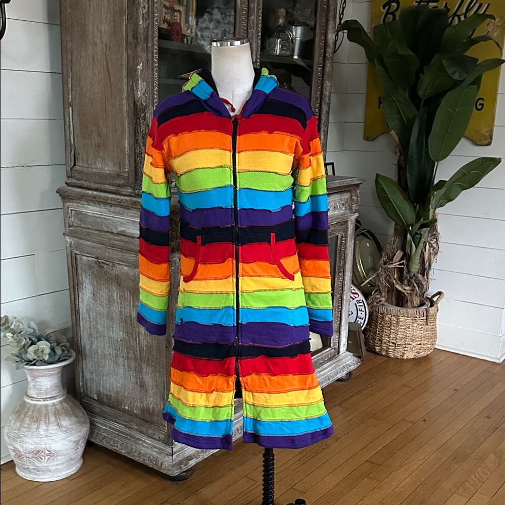 EZHIPPIE Women's Fleece Lined Knee Length Rainbow Jacket MEDIUM PATCHWORK